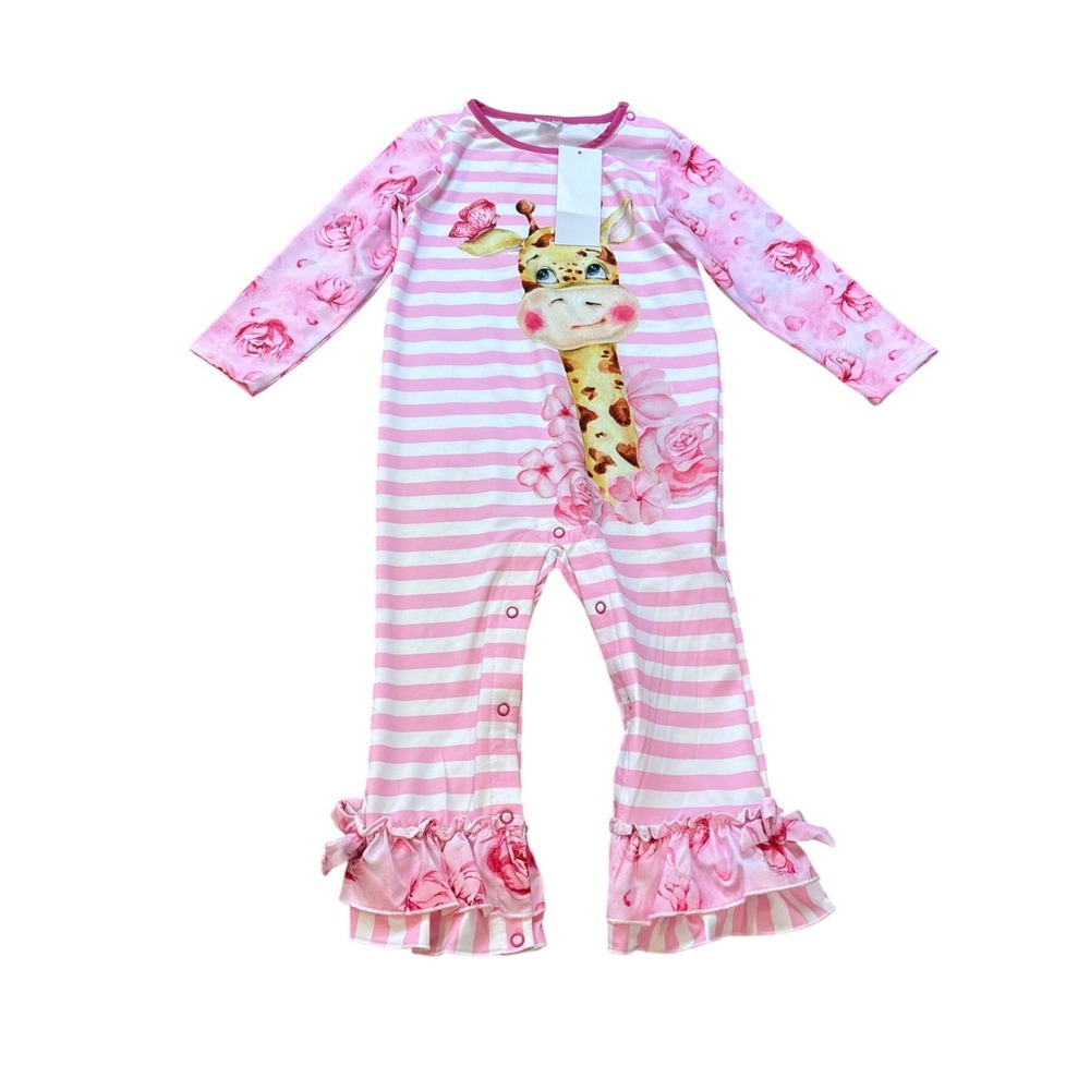 Penelope Plumm Romper Kids Pink Giraffe Floral Ruffle Bell Bottom SIZE 2T NWT